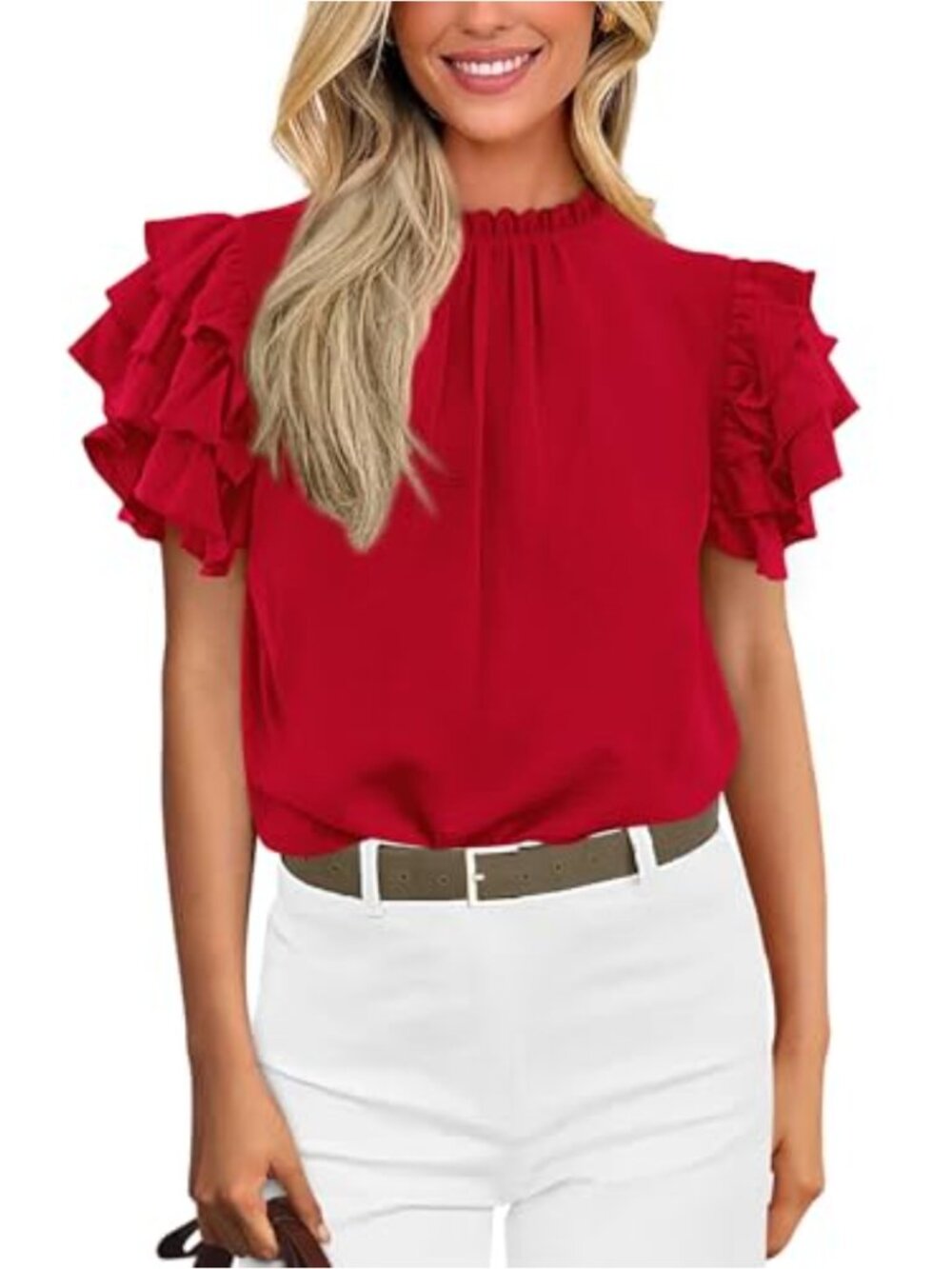 Womens Ruffle Short Sleeve Blouse Frill Mock Neck Work Top